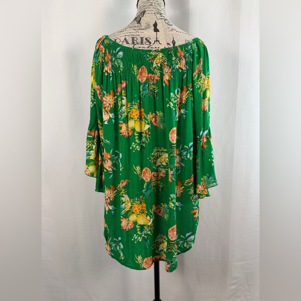 Cato Green Floral Boho Chic Off-Shoulder Tunic with Citrus Print Size L - Picture 6 of 12